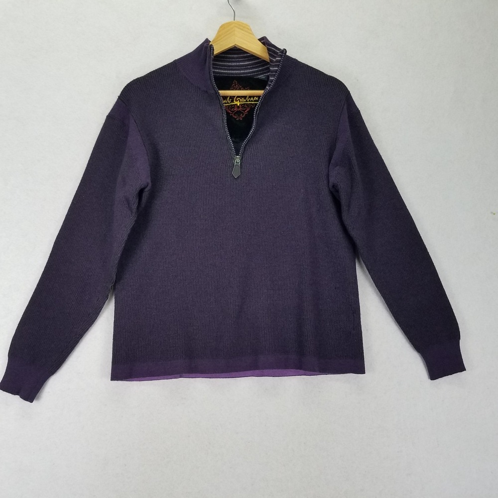 ROBERT GRAHAM Men's L Purple 1/4 Zip Wool Sweater Elbow Patch Contrast Cuff